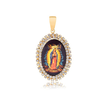 18K Gold Layered Oro Laminado Enamel Virgen de Guadalupe CZ Oval Pendant 31.0002/17